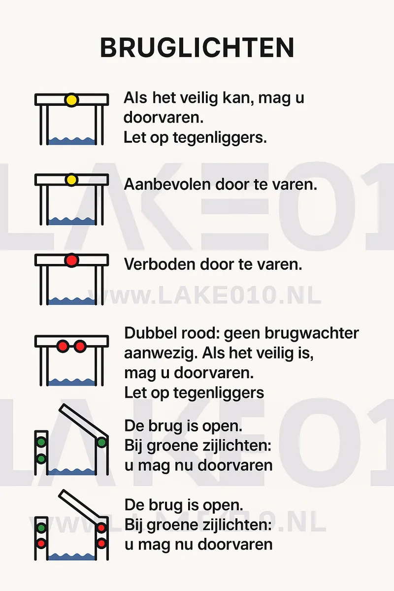 Overzicht van bruglichten en hun betekenis; open de afbeelding voor volledige grootte